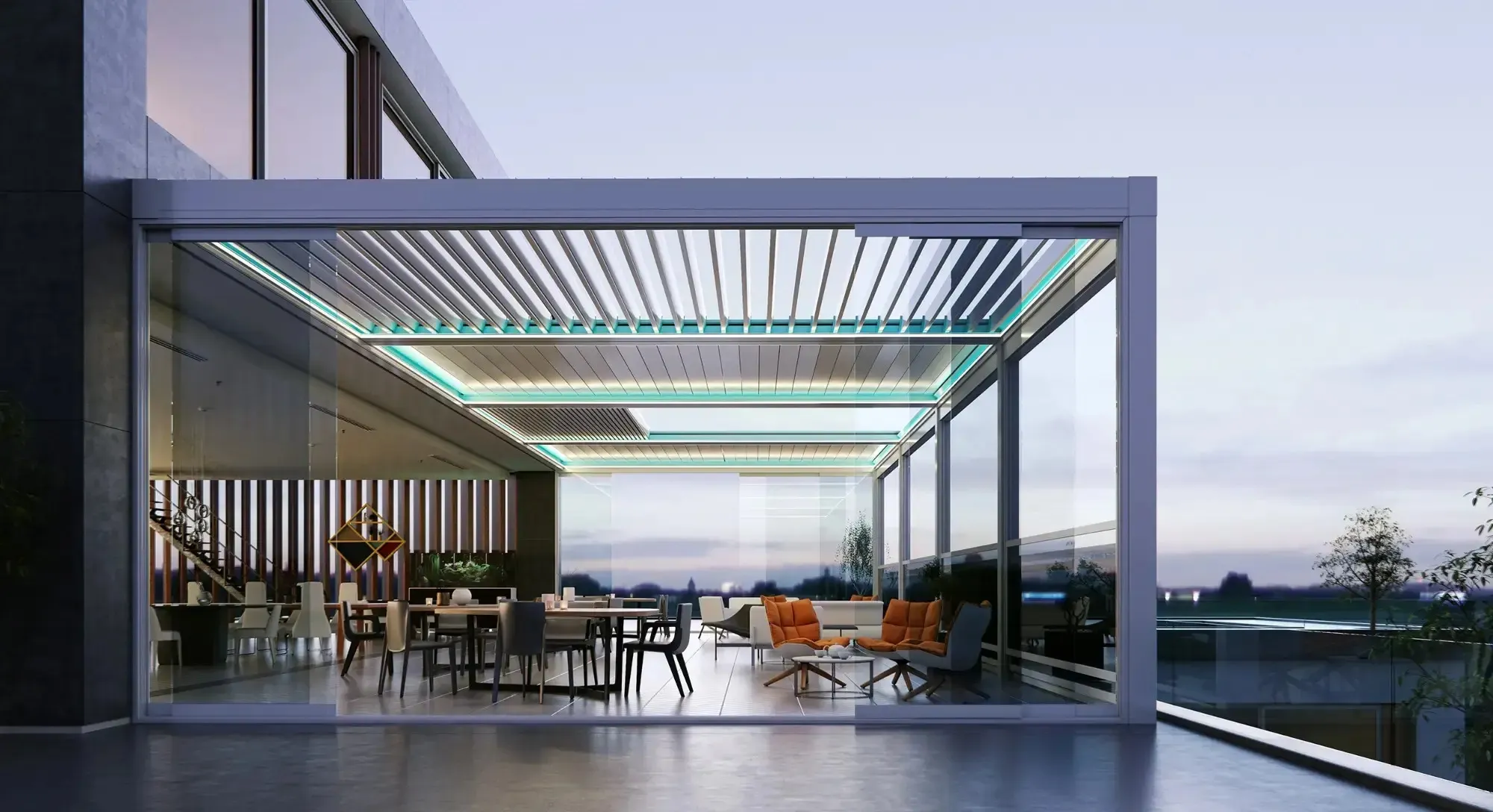 Louvered pergola with adjustable slats over outdoor dining area